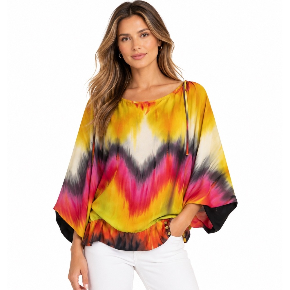 Guess by Marciano Silk Blend Cold Shoulder Tie Dye Dolman Blouse Yellow Large